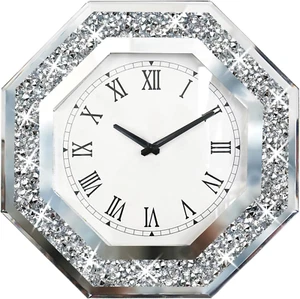 Wall Clock, Octagon Mirror Glass Clock, Cute Diamond 12-Inch Non-Ticking Clock f - Picture 1 of 8