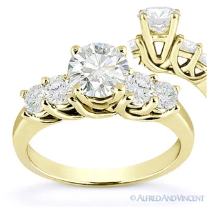 Anillo de compromiso de 5 piedras moissanita brillante oro amarillo 14k corte redondo para siempre - Imagen 1 de 5