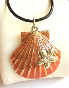 Scallop Shell Starfish Necklace 24" Leather Cord Island Sea Life Gold Plated - Picture 1 of 12