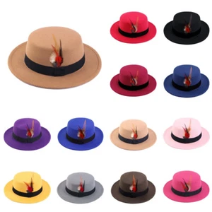 Men Women Porkpie Woolen Flat Top Hat Retro Feather Jazz Hat Gentleman's Hat - Picture 1 of 26