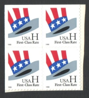 Unused US Postage Block 33 Cent Stamps USA "H" First Class Rate Uncle Sam's Hat - Image 1 of 2