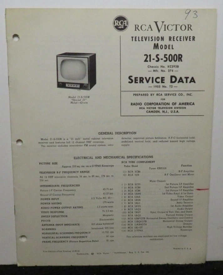 RCA VICTOR TELEVISION SERVICE DATA 1955 T2 21-S-500R KCS93B - Image 1 of 1