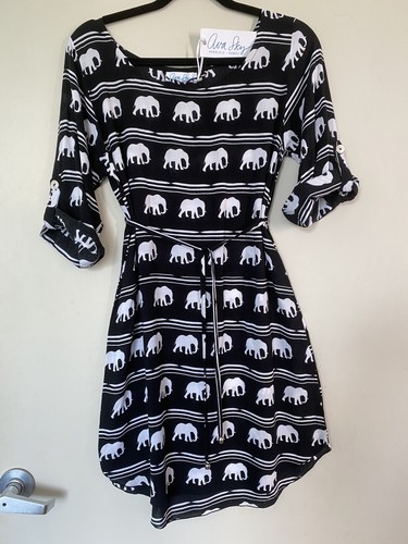 Abito nuovo con etichette Fighting Eel Ava Sky stampa elefante Celine nero bianco