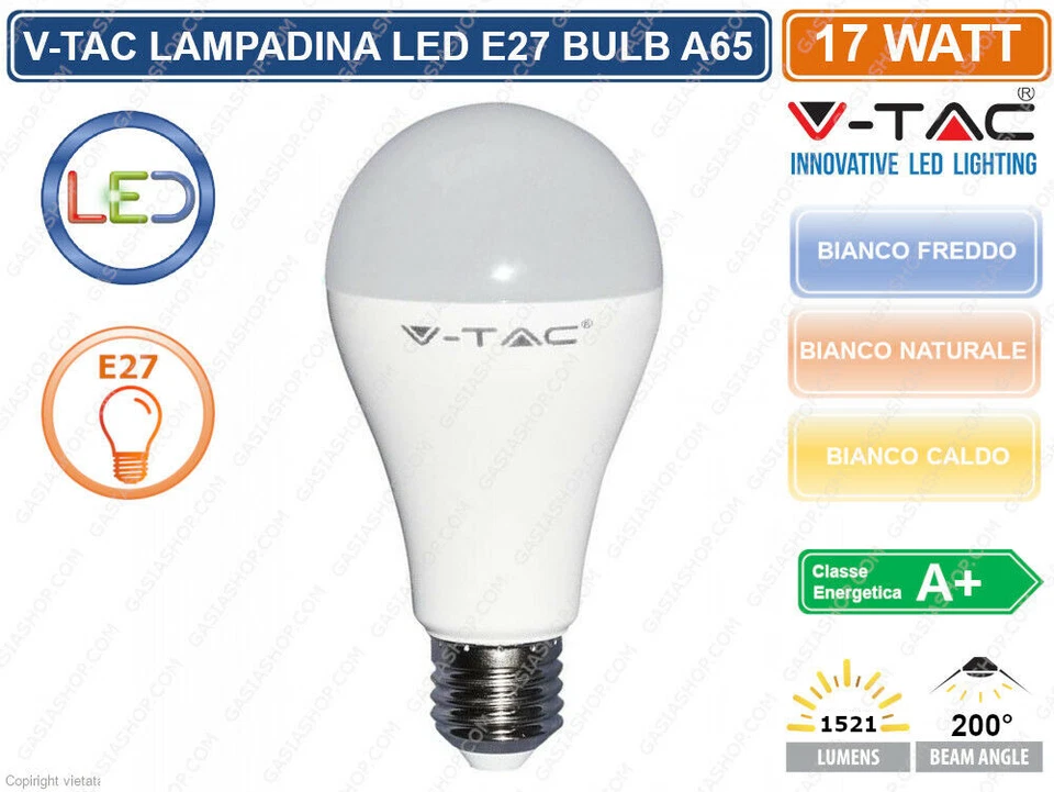 LAMPADINA LED V-TAC VT-2017 LAMPADA LED E27 17W BULB A65  SKU 4456 / 4457 / 4458 - Immagine 1 di 1