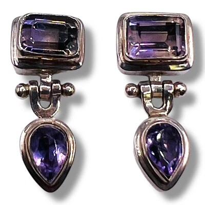 天然紫水晶边框套装 925 纯银柱状耳环 — 第 1/4 张图片