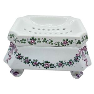 Meiselman Italy Ceramic Soap Dish Slotted Lid Water Well Purple Flowers P977