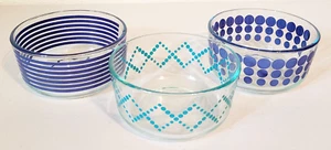 3 Vintage Blue Turquoise Dots and Stripes Clear Glass Pyrex Bowls 6" - Picture 1 of 8