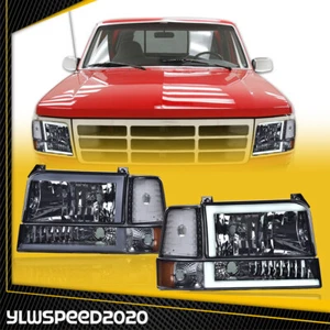 Fit For 1992-96 Ford F150-F350 LED DRL Smoked/Amber Headlights Bumper Lamps - Picture 1 of 12