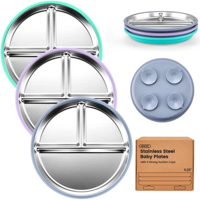 Stainless Steel Toddler Plate - 3 Pack 9.25" Stainless Steel Baby Plates with... - Image 1 of 4