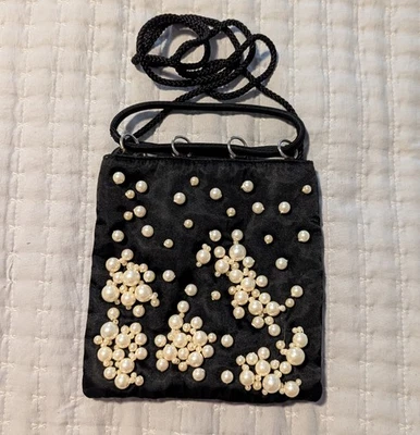 Valerie Stevens Black Velvet Beaded Pearl Evening Bag Purse White Satin Lining  - Image 1 of 4