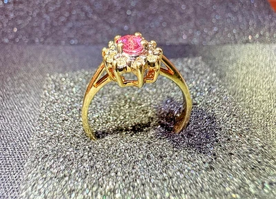 10K Yellow Gold Real Pink Ruby, Halo Ring w/ Diamond Accents — Sz 6.5 — 2.18g - Image 1 of 4