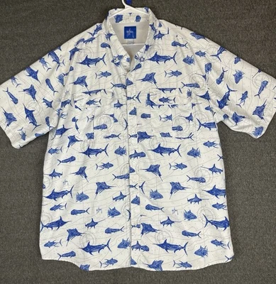 Рубашка мужская Guy Harvey для рыбалки вентилируемая 2XL белая синяя с принтом Swordfish на пуговицах - Изображение 1 из 4