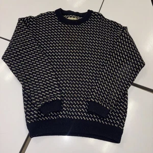 Vintage L.L. Bean Men’s L Wool Birdseye Sweater Navy Cream Crewneck Norway 80s - Picture 1 of 15