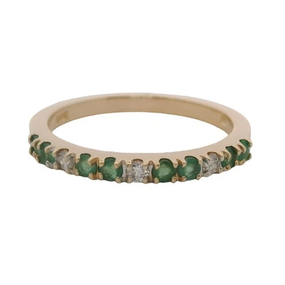 Vintage Solid 14kt Diamond and Green Emerald Accent Stackable 2mm Ring Size 7 - Image 1 of 4