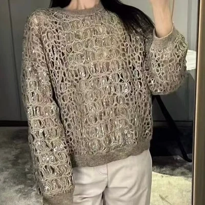 Suéter Brunello Cucinelli Mujer Equineado Hueco Elegante Cuello Redondo Tejido Foto 1 de 4