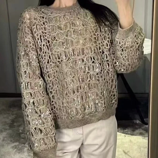 Suéter Brunello Cucinelli Mujer Equineado Hueco Elegante Cuello Redondo Tejido Foto 1 de 4