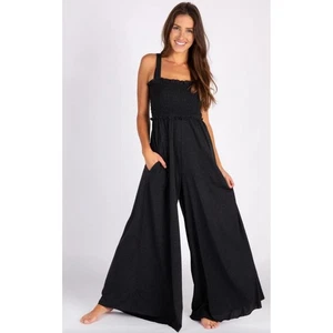 Natural Life Women's Harper Knit Smocked Jumpsuit Wide Leg Boho Charcoal L/XL - Picture 1 of 9