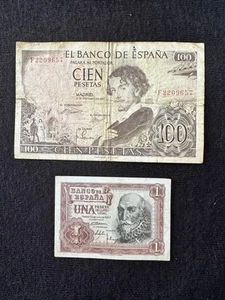 2 Spanish Banknotes 100 Pesetas 1965 & 1 Peseta 1953 - Picture 1 of 2
