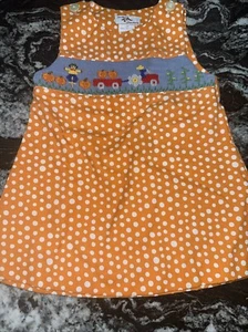 EUC Silly Goose Orange Polka Dots Smocked  Dress Baby Girl 12months Tractor - Picture 1 of 13