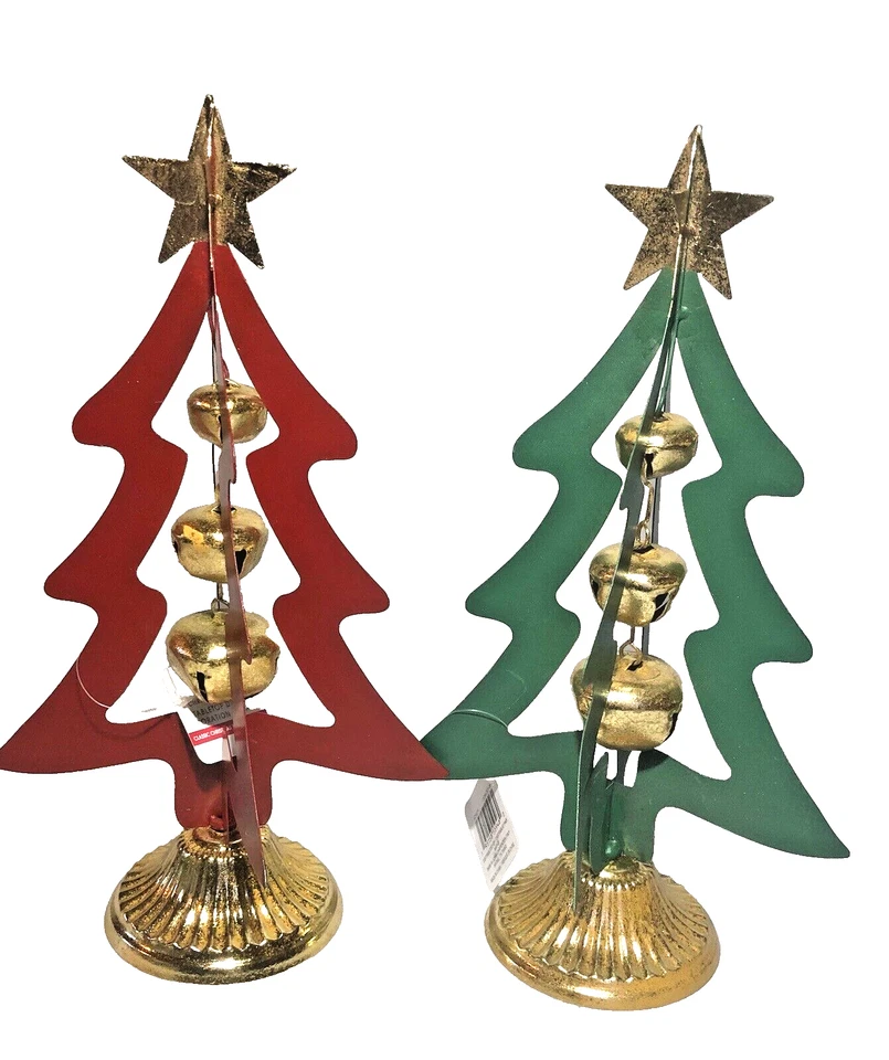 Ashland Green Red Metal Tabletop Christmas Trees 13.5" Real Gold Bells