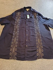 Mens Island Passport Shirt 2XL T XXL Black Button Up Linen Gold Embroidered NEW - Picture 1 of 11