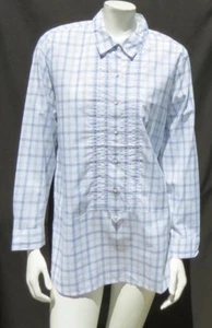 J JILL Petite White Blue Gray Plaid Cotton Bib Long Sleeves Tunic Top sz L LP PL - Picture 1 of 5