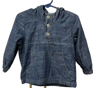 Old Navy Chambray Blue Denim Cotton Hood Pullover Jacket Coat Boys Sz 18-24 Mths - Picture 1 of 4