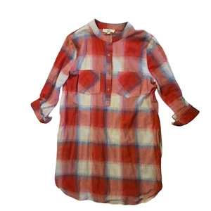 Entro Plaid Tunic Shirt Dress Small Rolled Sleeves Quarter Button Up Boho Baggy - Picture 1 of 7
