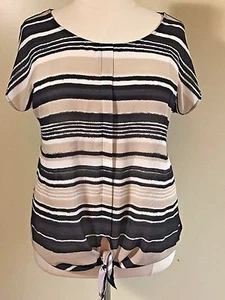 Blusa Falls Creek Talla Grande 1X Negro Bronceado Marfil Rayas Frontal Corbata Mangas Cortas - Imagen 1 de 8