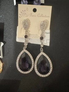 Purple Rhinestone Dangle Pierced Earrings NWT 3 7/8 inch - Picture 1 of 1