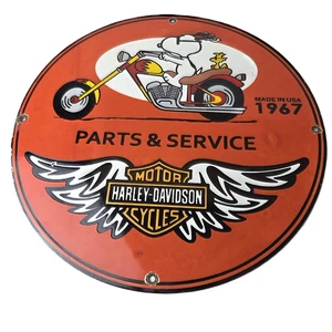 Vintage Harley Davidson Motorcycles Sign - Snoopy Porcelain Gas Pump Sign - Picture 1 of 14