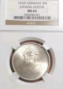 Germany 1932 F 3 Marks, Goethe, Rare Superb Gem NGC 64PQ, Beauty, Low Mintage - Picture 1 of 3