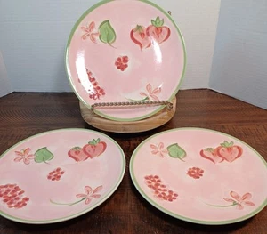 3 Vtg April Cornell Strawberry Salad 8" Luncheon Plates Pink Green Cottagecore - Picture 1 of 4