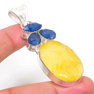 Giallo Avventurina, Blu Giada Gemma 925 Argento Sterling Ciondolo Gioielli 6cm - Foto 1 di 5