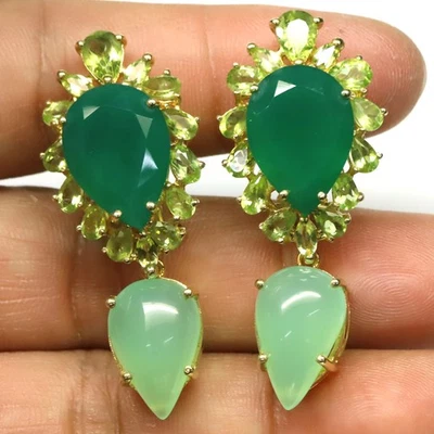 Giff für Sie 925 Silber 15 x 18 Mm. Grüner Achat, Prehnit & Peridot Ohrringe - Bild 1 von 4