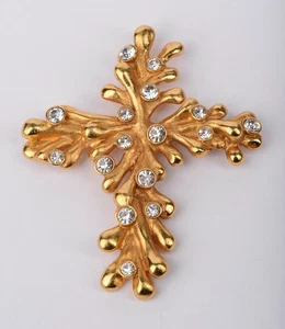 Christian Lacroix Vintage goldfarbene Kreuz Brosche mit Strass signiert 3,5" - Bild 1 von 10