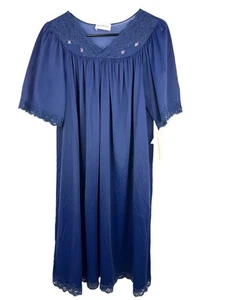 NOS Shadowline Nylon Navy Blau Nachthemd Spitze Blumen USA Größe M Cottagecore - Bild 1 von 12