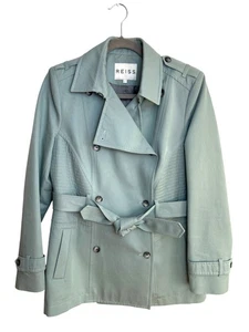 Reiss Caines Trench Coat Belted Double Breasted Women's Size L Aqua Pale Green - Picture 1 of 15