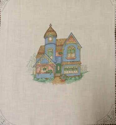 Vintage ~ "Smaller Blue House w/Kitten on Porch" ~ Cotton Fabric~10"x12"~ READ - Image 1 of 2