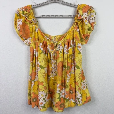 Free People Shirt Womens L Yellow Floral Boho Peasant Retro Cottagecore Hippie - Image 1 of 4