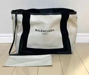 Negotiable "Exc5 w/Pouch" BALENCIAGA Navy Cabas Tote Hand Bag Canvas White Black - Picture 1 of 22