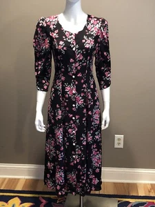 Vintage Floral Tea Dress Roses 3/4 Sleeve Grunge Boho 80s 90s Sz 11/12 Feminine - Picture 1 of 8