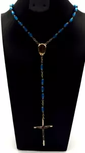 Collar Rosario De Colección Tono Plateado y Cuentas Azules Crucifijo 30" FAU De LOURDES Italia - Imagen 1 de 7