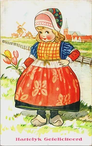 Feliz Cumpleaños Niña en Ropa Tradicional y Zuecos Postal Vintage B135 - Imagen 1 de 2