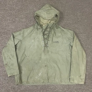 Vintage 40s USN Foul Weather Smock Size Large Deck Anorak Jacket Pullover WWII - Picture 1 of 20