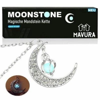 MOONSTONE Magische Mondkette Mondstein Halskette Halbmond Mond Kette leuchtend - Bild 1 von 4