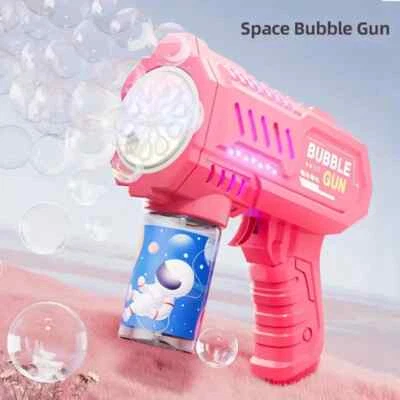 New Fully Automatic Space Bubble Machine Rocket 10 Hole Bubble Maker Toys PINK - Image 1 of 4