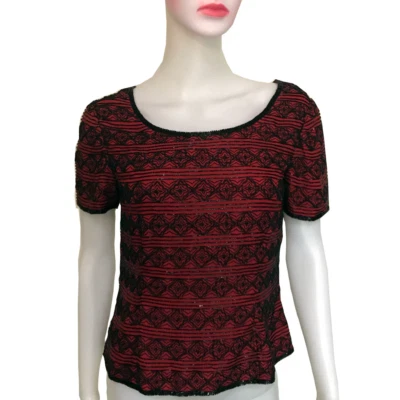 Vintage 1980s Niteline Black & Red Beaded Silk Blouse Short Sleeves Art Deco - Image 1 of 4