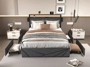 LED Queen Bed Frame,Storage Headboard w/Charging Station,Solid and Stable,Noise - Picture 1 of 8