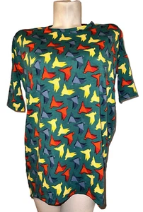 LULAROE Top Size XXS Green Yellow Orange Irma HI-LO Tunic Origami Print SS Tunic - Picture 1 of 6